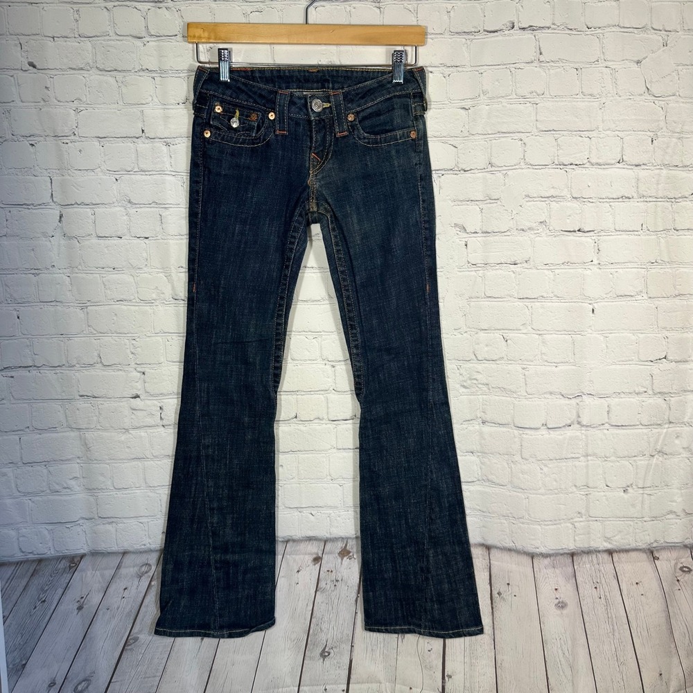True Religion Joey Flare Jeans Dark Wash Low Rise‎ Twisted Seam Women Size 26